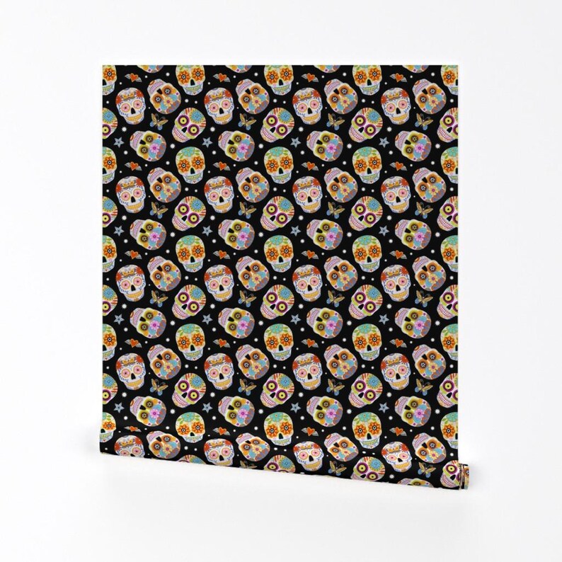 Halloween Wallpaper - Sugar Skulls Black By Mirabelleprint - Day of the Dead Custom Removable Self Adhesive Wallpaper Roll by Spoonflower image 2