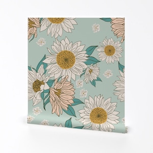 Papier peint géant tournesol - tournesols bohèmes par Indybloomdesign - rouleau de papier peint auto-adhésif amovible bleu aqua estival par Spoonflower