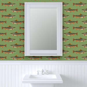 Fish Wallpaper - Brook Trout By Weavingmajor - Vintage Green Cabin Lodge Mountains Removable Self Adhesive Wallpaper Roll by Spoonflower image 8