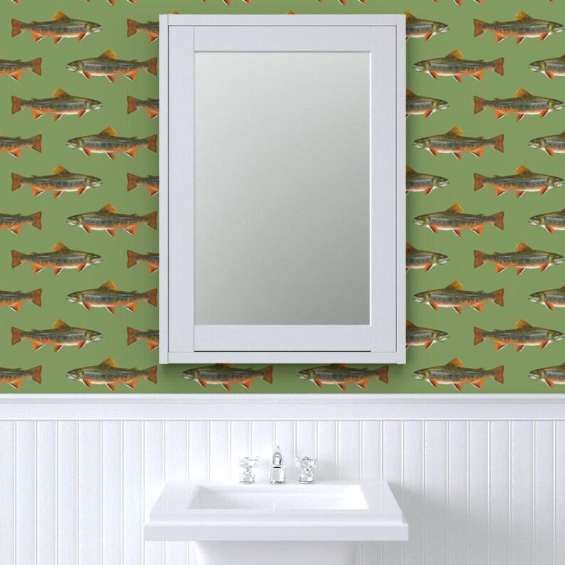 Fish Wallpaper - Brook Trout By Weavingmajor - Vintage Green Cabin Lodge Mountains Removable Self Adhesive Wallpaper Roll by Spoonflower image 8