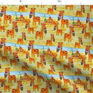 May include: A seamless pattern featuring a repeating design of orange giraffes with red and yellow accents on a yellow background. The giraffes are holding buckets and shovels, suggesting a beach or summer theme.