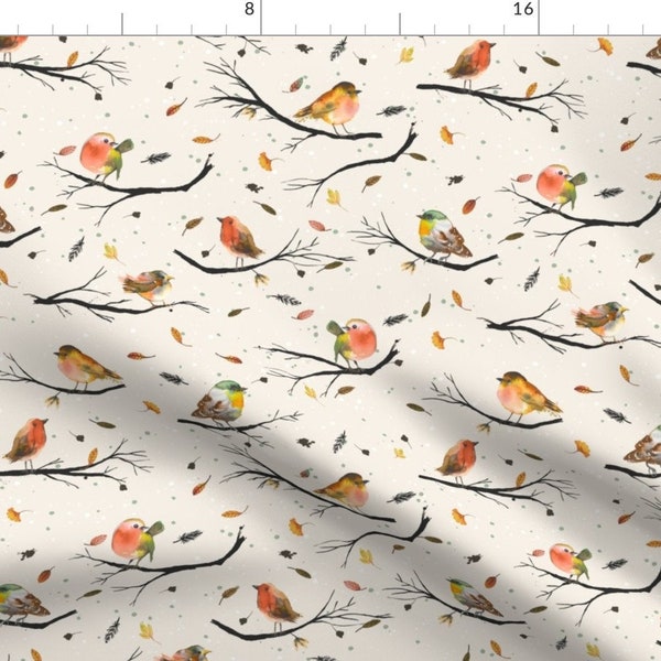 Birds Fabric - Bird Branches By Ninola-Design - Orange Beige Seasonal Trees Wings Autumn October Cotton Fabric By The Yard With Spoonflower