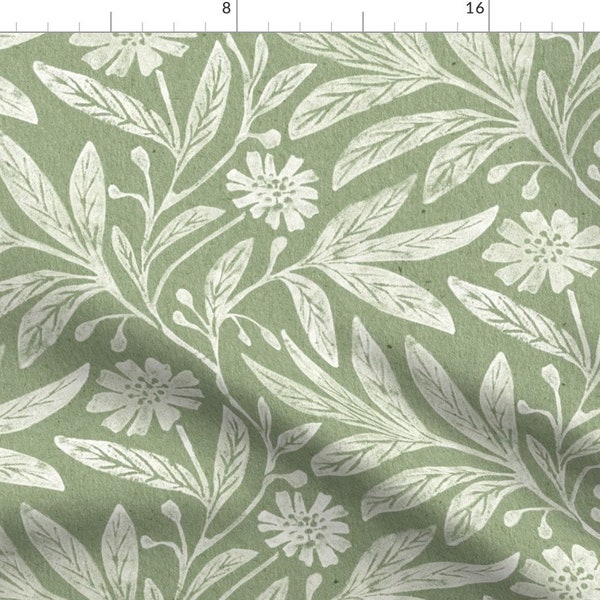 Vintage Floral Fabric - Sage Green Floral by apostrofodesign - Daisy Print Block Print Retro Hand-drawn  Fabric by the Yard by Spoonflower