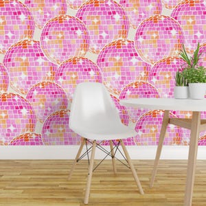 Pink Disco Party Peel and Stick Wallpaper - Pink Orange Dance Sparkle Glamourous Fun  - Removable Wall Decor Art - Disco Balls by byre_wilde