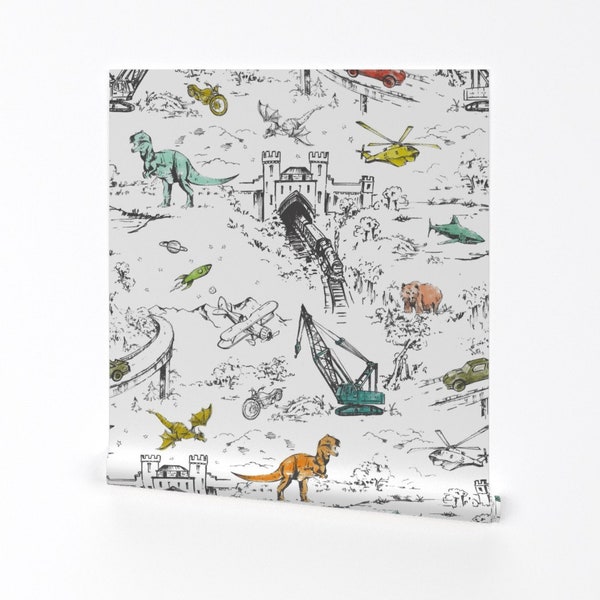 Toile Wallpaper - Adventure Toile By Pattern State - Retro White Green Red Dinosaur Removable Self Adhesive Wallpaper Roll by Spoonflower