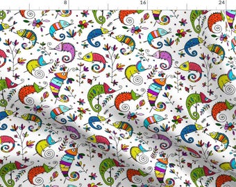 Chameleon Fabric - Funny Colorful Chameleons By Kudryashka - Kids Reptiles Science White Tropical Cotton Fabric By The Yard With Spoonflower