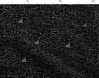 May include: A black and white seamless pattern featuring mathematical equations, symbols, and the phrase "I love Math!" repeated throughout the design.