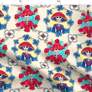 Skull Fabric - Mexican Catrinas Portraits By Dinorahaleatelier - Skull Mexico Floral Red Blue Cotton Fabric By The Yard With Spoonflower