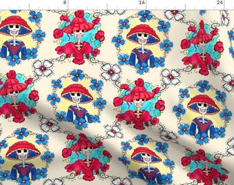 Skull Fabric - Mexican Catrinas Portraits By Dinorahaleatelier - Skull Mexico Floral Red Blue Cotton Fabric By The Yard With Spoonflower