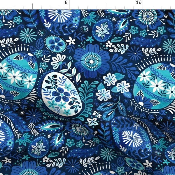 Blue Paisley Pysanky Fabric - Pysanky Blue By Laura May Designs - Pysanky Blue Floral Pattern Cotton Fabric By The Yard With Spoonflower