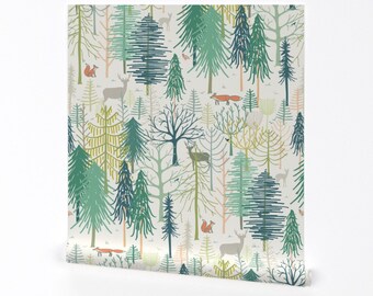 Woodland Adventure Wallpaper - Woodland Wonderland by pippa_shaw - Cream Green Deer Forest Removable Peel and Stick Wallpaper by Spoonflower