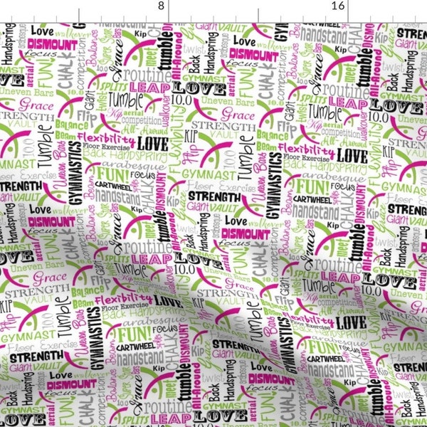 Gymnastic Fabric - Gymnastics Words Pink Green By Heathertm13- Leotard Suit Sport Girl Typography Cotton Fabric By The Yard With Spoonflower