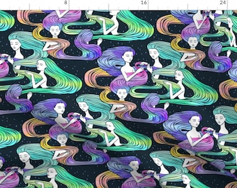 May include: A seamless pattern featuring a repeating design of figures with flowing rainbow hair against a dark blue background. The figures are stylized and appear to be holding their hair.