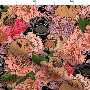 Pug Fabric - Because Pugs By Huebucket - Pug Floral Animal Dog Lover Cotton Fabric By The Yard With Spoonflower