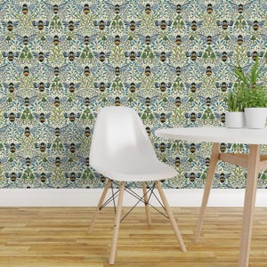 Mushroom Botanical Peel and Stick Wallpaper - Bumblebee Pollinator Medium Scale - Removable Wall Decor Art - Bee Kingdom by ozdebayer