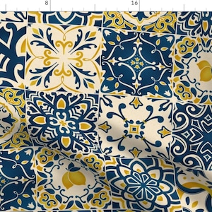 Blue Yellow Tiles Fabric - Tuscan Villa Tiles  by sanne_paul - Lemons Cheater Quilt Italian Mediterranean Fabric by the Yard by Spoonflower