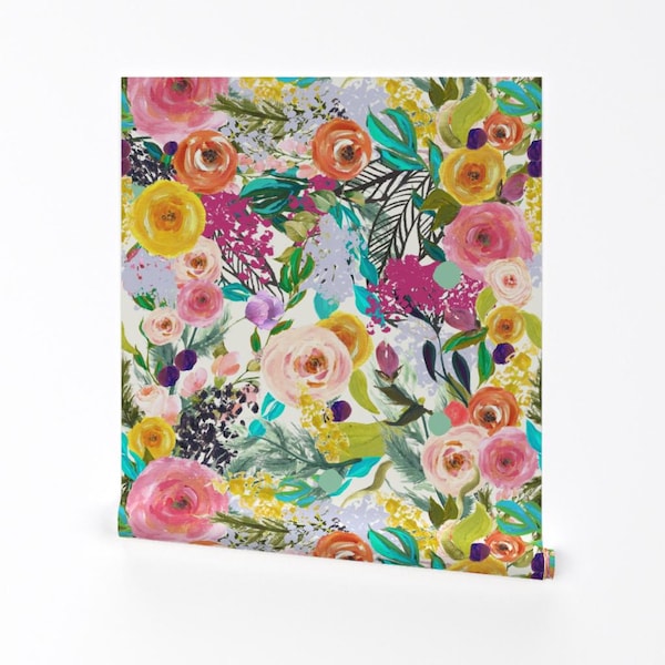 Groot bloemenbehang - herfstbloemen - reus // helder van Theartwerks - op maat bedrukte verwijderbare zelfklevende behangrol van Spoonflower