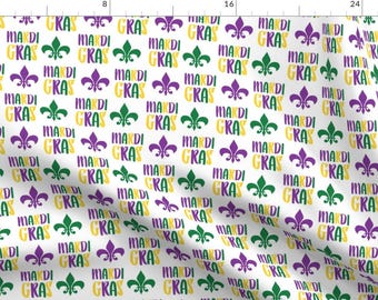 Mardi Gras Fabric - Mardi Gras Text By Charlottewinter - White Purple Green Yellow New Orleans Cotton Fabric By The Yard With Spoonflower