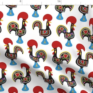 Folk Art Rooster Fabric - O Galo De Barcelos By Fattcheese - Folk Rooster Farm Kitchen Decor Cotton Fabric By The Yard With Spoonflower