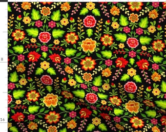 Maximalist Fabric - Mexican Flowers By Sveta Aho - Black Red Yellow Floral Decorative Ornate Cotton Fabric By The Yard With Spoonflower