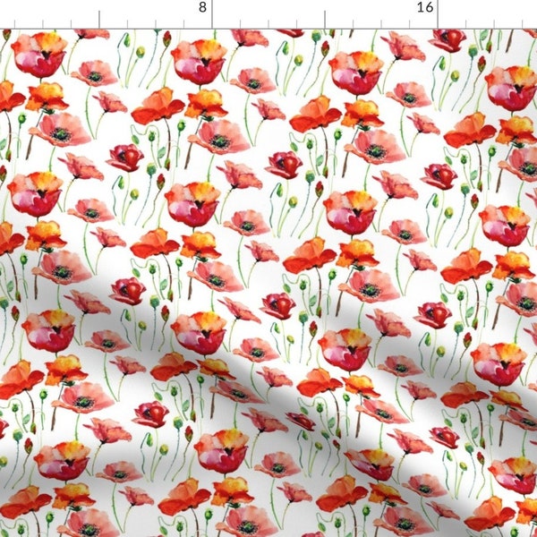 Red and Orange Poppy Fabric - Coral Poppies By Hipkiddesigns - Watercolor Poppies Floral Cotton Fabric By The Yard With Spoonflower