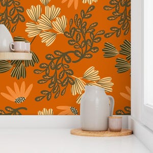 Orange Floral Removable Peel and Stick Wallpaper - Vintage Botanical ...