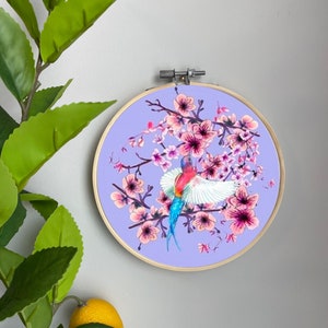 Bird Embroidery Template on Cotton - Colibri By Iaclinda - Cherry Blossom Bird Embroidery Pattern for 6" Hoop Custom Printed by Spoonflower