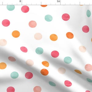 May include: A white background with a repeating pattern of colorful watercolor dots. The dots are in shades of pink, orange, and teal.