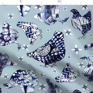 Tie Dye Chickens Blue Farm Animals Abstract Fabric - Yakei Shibori By Bound Textiles - Tie Dye Cotton Fabric By The Yard With Spoonflower