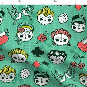 Rockabilly Blue Fabric - Rockabilly Kawaii Tattoo Skulls, Birds, Cute Heart, Card Suits By Kostolom3000 - Rockabilly Fabric With Spoonflower