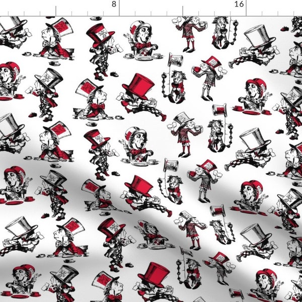 Hat Fabric - Mad Hatter In Red By Pond Ripple - Hat Red Black White Tea Party Children Vintage Cotton Fabric By The Yard With Spoonflower