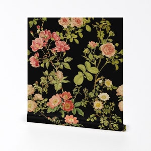 Floral Wallpaper - English Rose ~ Black By Peacoquettedesigns - Roses Custom Printed Removable Self Adhesive Wallpaper Roll by Spoonflower