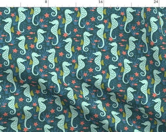 Nautical Seahorse Ocean Fabric - Seahorse In Coral Reef Ocean Navy By Heleen Vd Thillart - Seahorse Cotton Fabric by the Yard Spoonflower