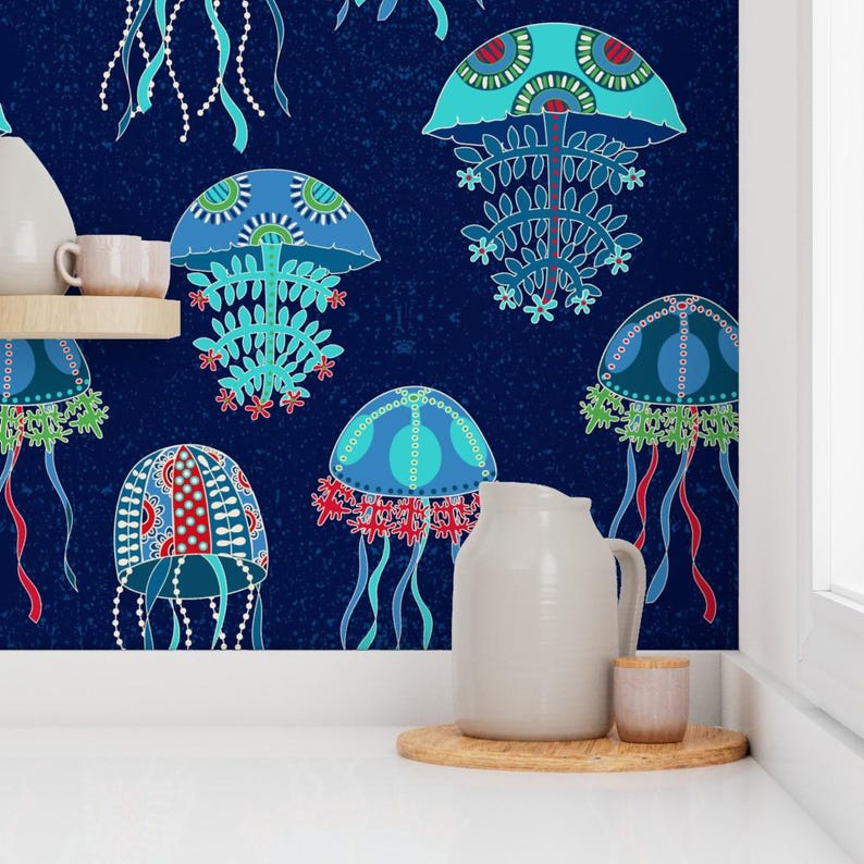 Jellyfish Wallpaper - Jellyfish Jubilee By Shellypenko - Blue Teal Red Custom Printed Removable Self Adhesive Wallpaper Roll by Spoonflower image 7