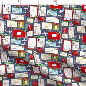 Christmas Fabric - Kids Letters To Santa By Wickedrefined - Blue Red Green Holiday Postage Stamps Cotton Fabric By The Yard With Spoonflower