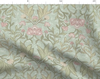 William Morris Fabric - Victorian Damask Foliage by bloomerydecor - Pink Teal Leaves Floral Christmas Vine Fabric by the Yard by Spoonflower