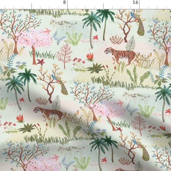 Pastel Tiger Fabric - To Wake A Tiger by dasbrooklyn - Peacock Jungle Indian Bengal Tiger Big Cat Safari Fabric by the Yard by Spoonflower