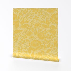 Carta da parati rimovibile con motivo floreale giallo - Primavera pastello monocromatica - Decorazione murale - Peonie Damask di whimsical_brush