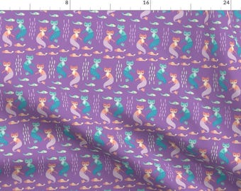 Mermaid Cats Fabric - Cat Fish N Purple By Pinkowlet - Kids Kawaii Aquatic Animals Kitty Cats Cotton Fabric By The Yard With Spoonflower