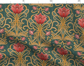 May include: A repeating pattern of stylized red flowers and smaller pink buds on a teal background. The floral elements are outlined with gold-colored, flowing lines, creating an Art Nouveau design.