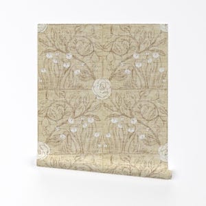 Floral Wallpaper - Fable Vintage Tile (Wheat Linen) By Nouveau Bohemian - Custom Printed Removable Adhesive Wallpaper Roll by Spoonflower