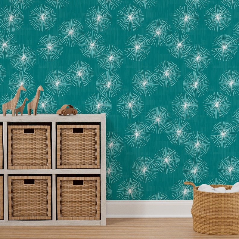 Mid Century Modern Wallpaper Dandelions Teal by Friztin Etsy