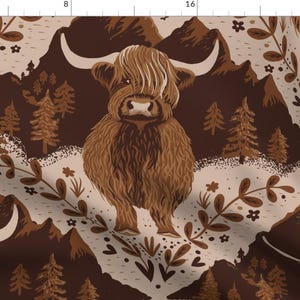 Highland Cow Fabric - Hilda The Highland Cow  by creativeinchi - Whimsical Cows Cow Horns Farm Animal Fabric by the Yard by Spoonflower