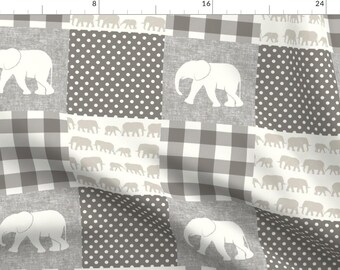 Elephant Gray Fabric - Elephant Wholecloth - Plaid And Polka Dots - Cream Beige By Littlearrowdesign - Elephant Fabric With Spoonflower