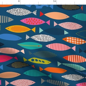 Colorful Mod Fish Fabric - Can You Spot The Surfboard? By Katerhees - Bright Graphic School Fish Cotton Fabric By The Yard With Spoonflower