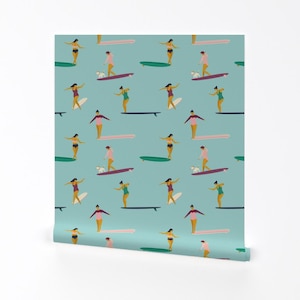 Surfing Wallpaper - Souls Surfers Light Blue By Tasiania - Surfing Custom Printed Removable Self Adhesive Wallpaper Roll by Spoonflower