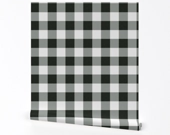 Black and White Plaid Wallpaper - Buffalo Check in Black by Domesticate - Custom Removable Self Adhesive Wallpaper Roll by Spoonflower