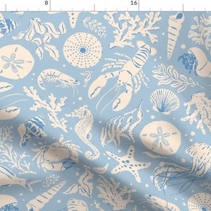 Baby Blue Beach Fabric - Painted Sea Creatures by marigoldie - Nautical Crab Sea Life Lobster Sea Creature Fabric by the Yard by Spoonflower