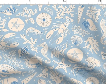 Baby Blue Beach Fabric - Painted Sea Creatures by marigoldie - Nautical Crab Sea Life Lobster Sea Creature Fabric by the Yard by Spoonflower