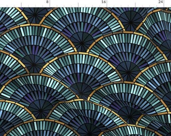 May include: A seamless pattern featuring a repeating design of overlapping blue, teal, and gold fan shapes. The pattern is reminiscent of art deco style.
